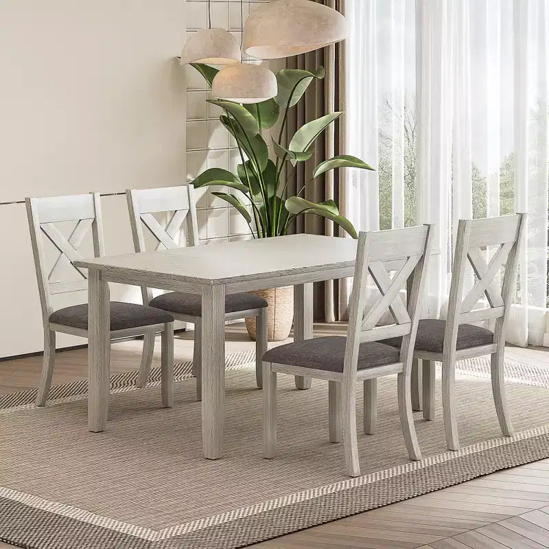 Ensemble de salle à manger style ferme VECELO, table en bois d'hévéa avec 4/6 chaises de salle à manger rembourrées, gris