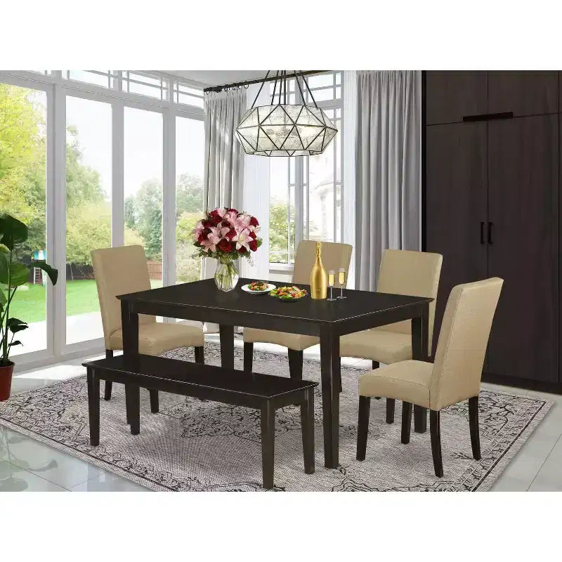 Brown Linen Fabric Rectangular Dining Table Set 6PC Cappuccino Brown - HomeStock