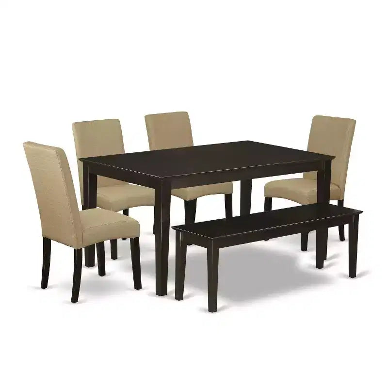 Ensemble de salle à manger rectangulaire 6 pièces en tissu lin marron et bois couleur cappuccino - HomeStock