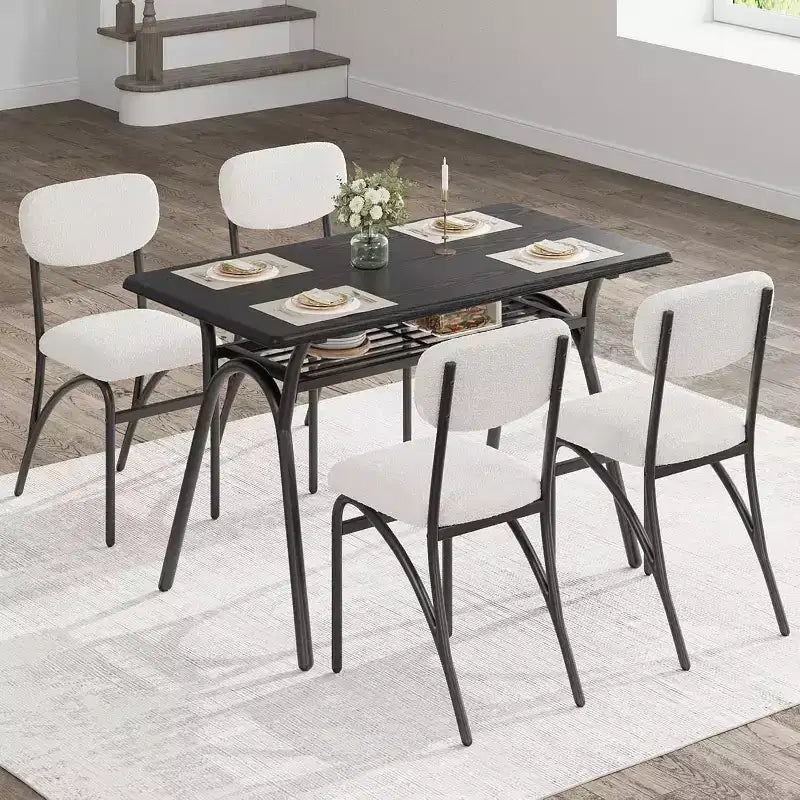 5-Piece Dining Room Set, Rectangular Table with Storage Shelf & 4 Beige Velvet Chairs, Modern Kitchen Dining Table and Chairs