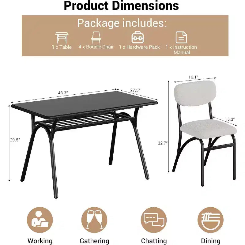 Ensemble de salle à manger 5 pièces, table rectangulaire avec étagère de rangement et 4 chaises en velours beige, table et chaises de salle à manger de cuisine modernes
