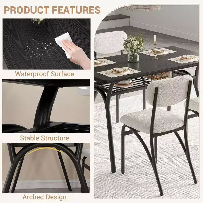 Ensemble de salle à manger 5 pièces, table rectangulaire avec étagère de rangement et 4 chaises en velours beige, table et chaises de salle à manger de cuisine modernes