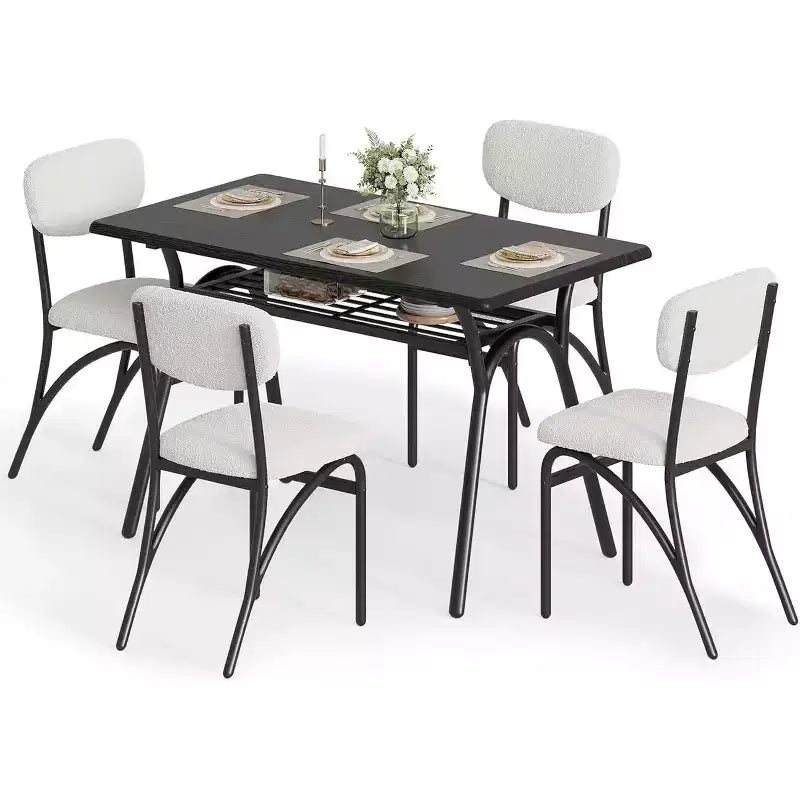 Ensemble de salle à manger 5 pièces, table rectangulaire avec étagère de rangement et 4 chaises en velours beige, table et chaises de salle à manger de cuisine modernes