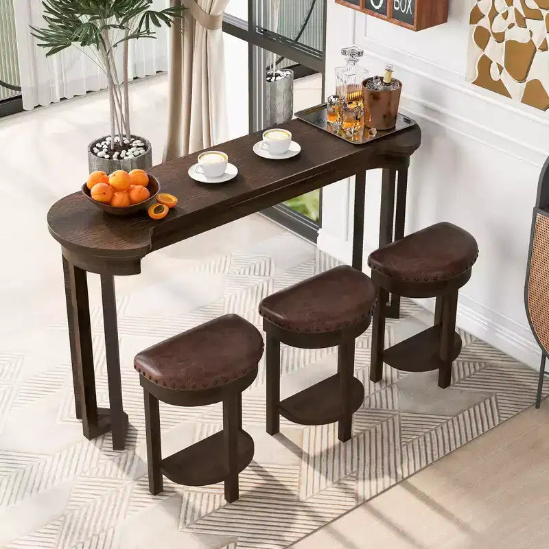 Ensemble de table de bar 4 pièces avec 3 tabourets de bar en PU, ensemble de salle à manger hauteur comptoir en bois massif, table de petit-déjeuner avec tabourets - ModernLuxe