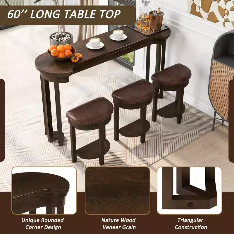Ensemble de table de bar 4 pièces avec 3 tabourets de bar en PU, ensemble de salle à manger hauteur comptoir en bois massif, table de petit-déjeuner avec tabourets - ModernLuxe