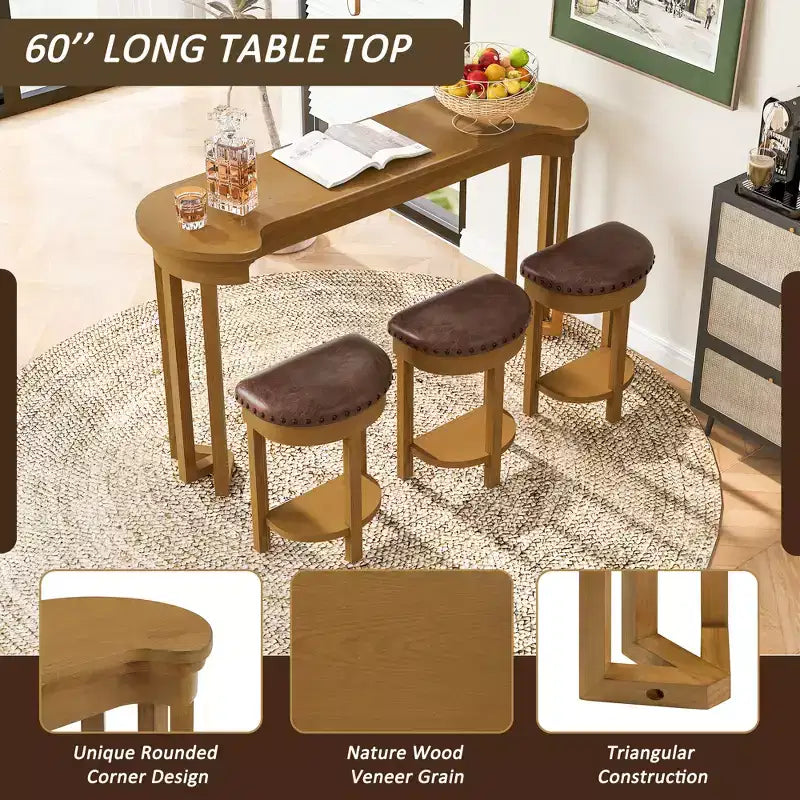 Ensemble de table de bar 4 pièces avec 3 tabourets de bar en PU, ensemble de salle à manger hauteur comptoir en bois massif, table de petit-déjeuner avec tabourets - ModernLuxe