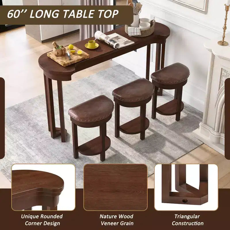 Ensemble de table de bar 4 pièces avec 3 tabourets de bar en PU, ensemble de salle à manger hauteur comptoir en bois massif, table de petit-déjeuner avec tabourets - ModernLuxe
