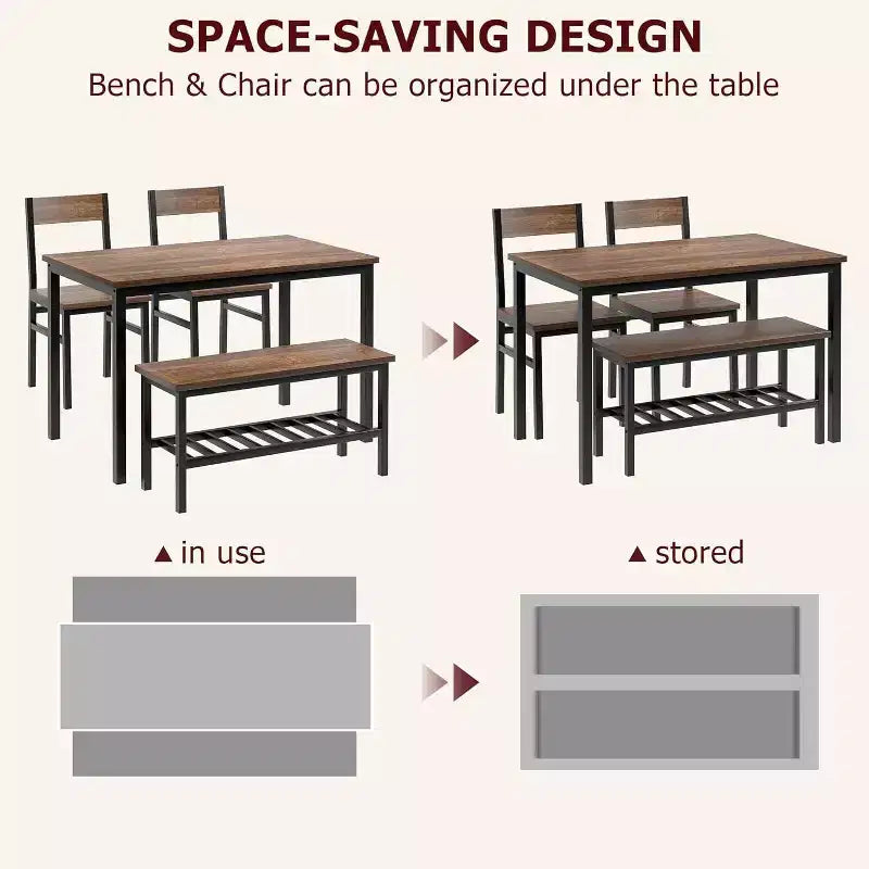 Ensemble Table et Chaises de Salle à Manger pour 4, Table de Cuisine et 2 Chaises avec Banc pour 4 Personnes, Ensemble de Meubles de Salle à Manger à Cadre Métallique