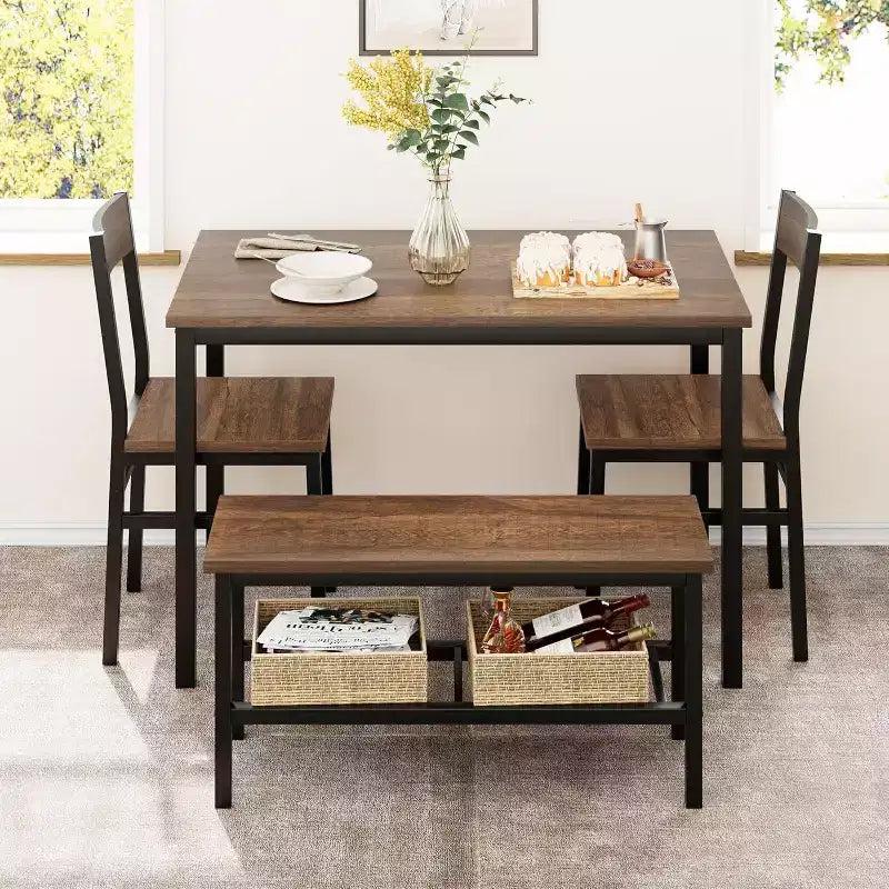 Ensemble Table et Chaises de Salle à Manger pour 4, Table de Cuisine et 2 Chaises avec Banc pour 4 Personnes, Ensemble de Meubles de Salle à Manger à Cadre Métallique