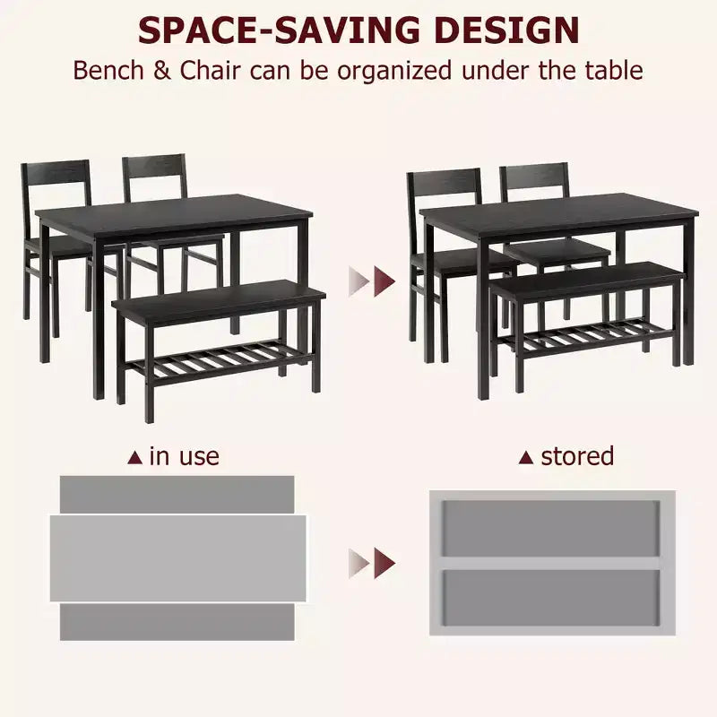 Ensemble Table et Chaises de Salle à Manger pour 4, Table de Cuisine et 2 Chaises avec Banc pour 4 Personnes, Ensemble de Meubles de Salle à Manger à Cadre Métallique