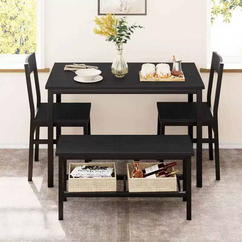 Ensemble Table et Chaises de Salle à Manger pour 4, Table de Cuisine et 2 Chaises avec Banc pour 4 Personnes, Ensemble de Meubles de Salle à Manger à Cadre Métallique