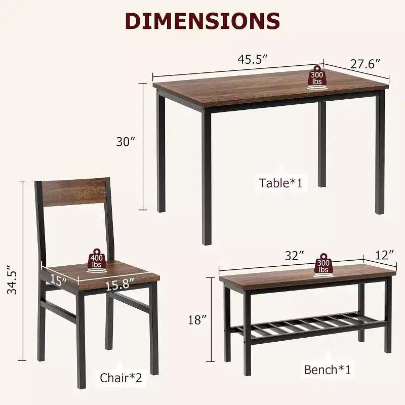 Ensemble Table et Chaises de Salle à Manger pour 4, Table de Cuisine et 2 Chaises avec Banc pour 4 Personnes, Ensemble de Meubles de Salle à Manger à Cadre Métallique