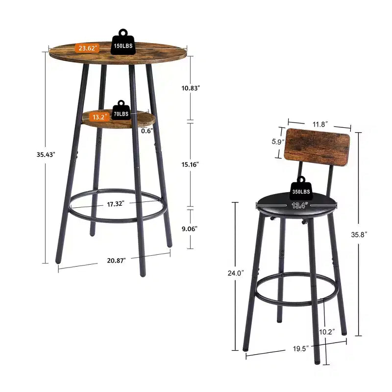 Ensemble de 3 tabourets de bar pour 2 personnes, table de bar hauteur comptoir avec 2 tabourets rembourrés, ensemble de petit-déjeuner/bistro, rustique et industriel - ModernLuxe
