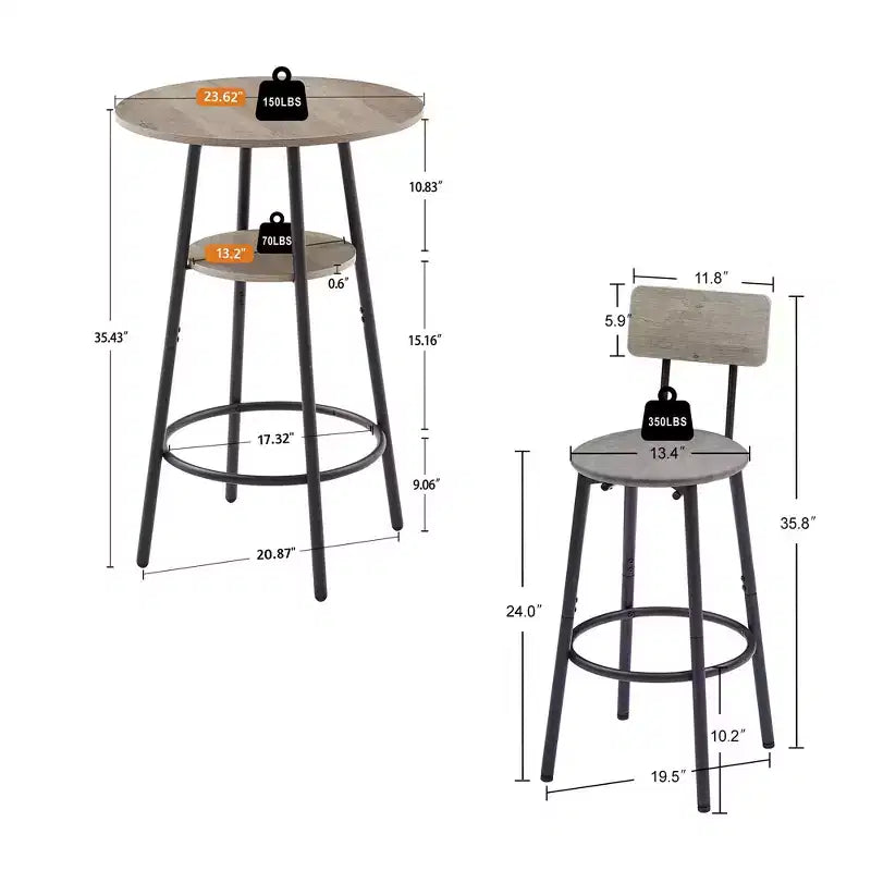 Ensemble de 3 tabourets de bar pour 2 personnes, table de bar hauteur comptoir avec 2 tabourets rembourrés, ensemble de petit-déjeuner/bistro, rustique et industriel - ModernLuxe