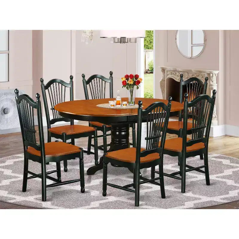 HomeStock Belmont 7-Piece dinette set with one Kenley table and 6 dining room chairs in a Black & Cherry Finish
