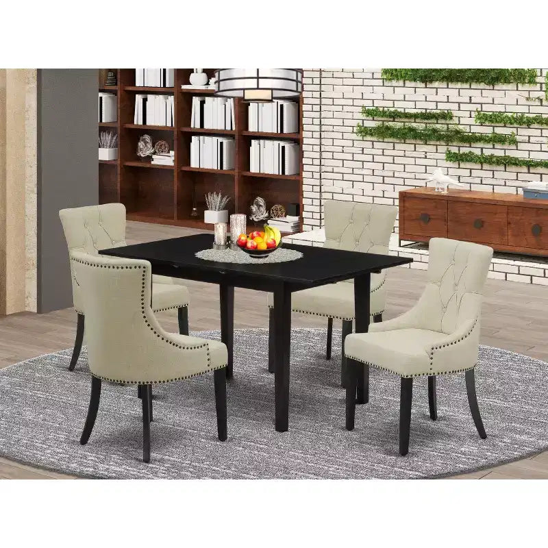 HomeStock Belmont 5-Pc Wood Dining Table Set - 4 Wooden Padded Chairs and Butterfly Leaf Rectangular Rectangle Table and 4 Legs - Black Finish