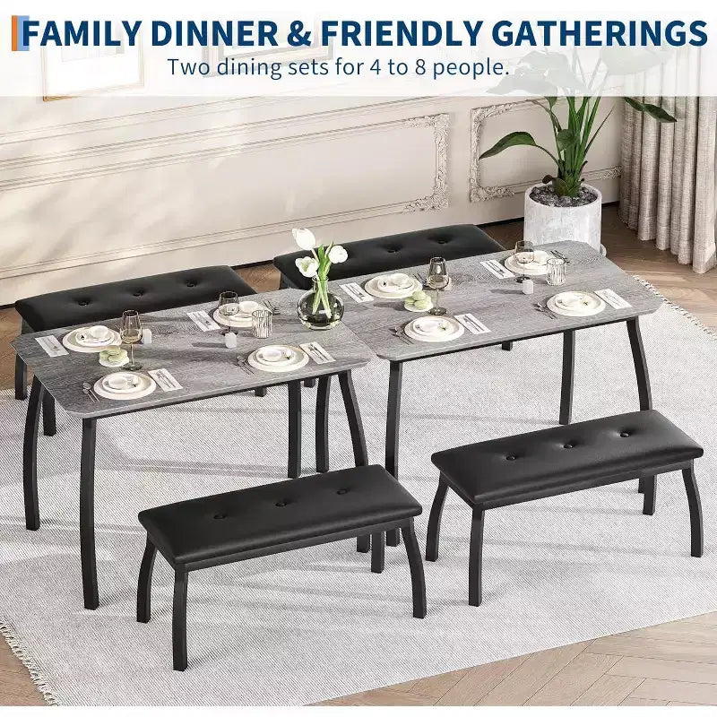 Table de salle à manger de 43,3 po pour 4 personnes avec 2 bancs rembourrés, table de cuisine gain de place, coin-repas moderne à structure métallique pour maison, appartement, coin-déjeuner