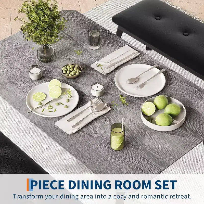 Table de salle à manger de 43,3 po pour 4 personnes avec 2 bancs rembourrés, table de cuisine gain de place, coin-repas moderne à structure métallique pour maison, appartement, coin-déjeuner
