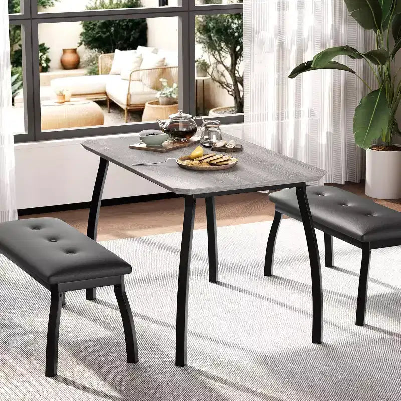 Table de salle à manger de 43,3 po pour 4 personnes avec 2 bancs rembourrés, table de cuisine gain de place, coin-repas moderne à structure métallique pour maison, appartement, coin-déjeuner