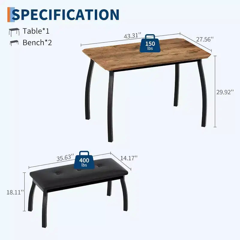 Table de salle à manger de 43,3 po pour 4 personnes avec 2 bancs rembourrés, table de cuisine gain de place, coin-repas moderne à structure métallique pour maison, appartement, coin-déjeuner