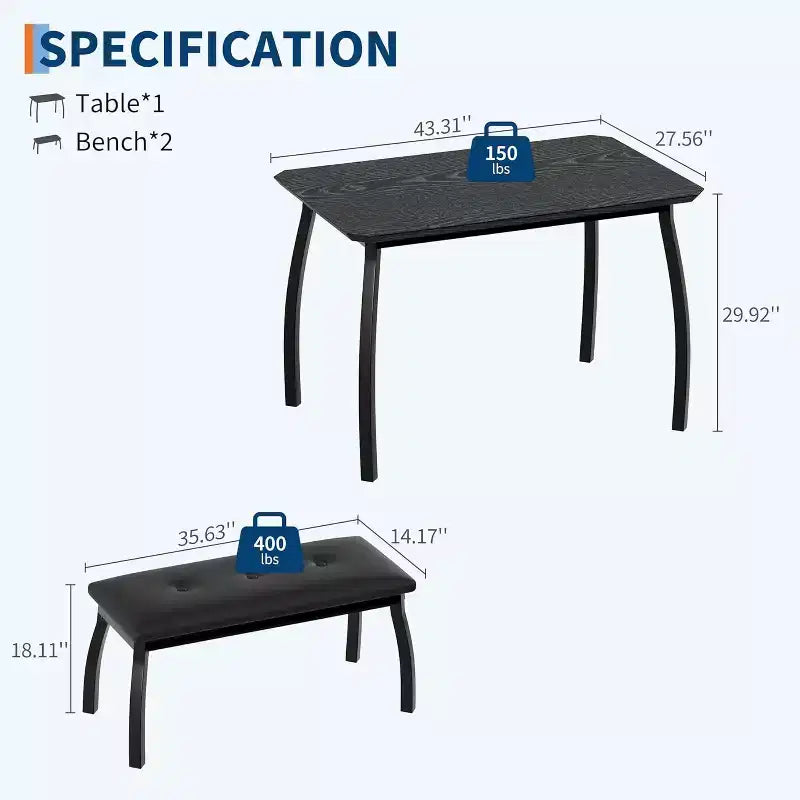 Table de salle à manger de 43,3 po pour 4 personnes avec 2 bancs rembourrés, table de cuisine gain de place, coin-repas moderne à structure métallique pour maison, appartement, coin-déjeuner