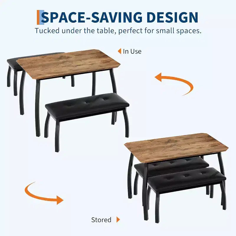 Table de salle à manger de 43,3 po pour 4 personnes avec 2 bancs rembourrés, table de cuisine gain de place, coin-repas moderne à structure métallique pour maison, appartement, coin-déjeuner