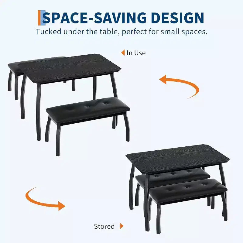 Table de salle à manger de 43,3 po pour 4 personnes avec 2 bancs rembourrés, table de cuisine gain de place, coin-repas moderne à structure métallique pour maison, appartement, coin-déjeuner