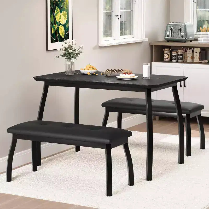Table de salle à manger de 43,3 po pour 4 personnes avec 2 bancs rembourrés, table de cuisine gain de place, coin-repas moderne à structure métallique pour maison, appartement, coin-déjeuner