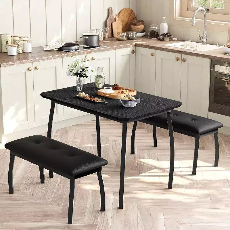 43.3 Dining Table Set for 4 with 2 Upholstered Benches, Space-Saving Kitchen Table, Modern Metal Frame Dinette for Home, Apartment, Breakfast Nook