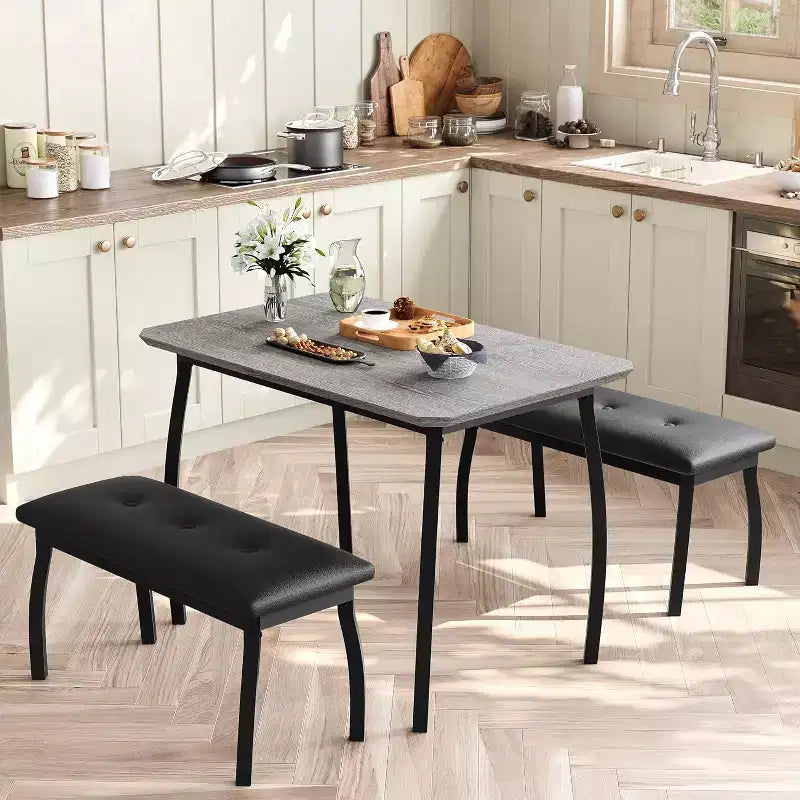 Table de salle à manger de 43,3 po pour 4 personnes avec 2 bancs rembourrés, table de cuisine gain de place, coin-repas moderne à structure métallique pour maison, appartement, coin-déjeuner