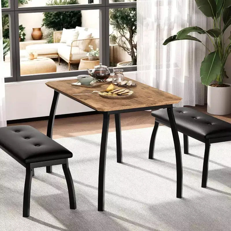 Table de salle à manger de 43,3 po pour 4 personnes avec 2 bancs rembourrés, table de cuisine gain de place, coin-repas moderne à structure métallique pour maison, appartement, coin-déjeuner