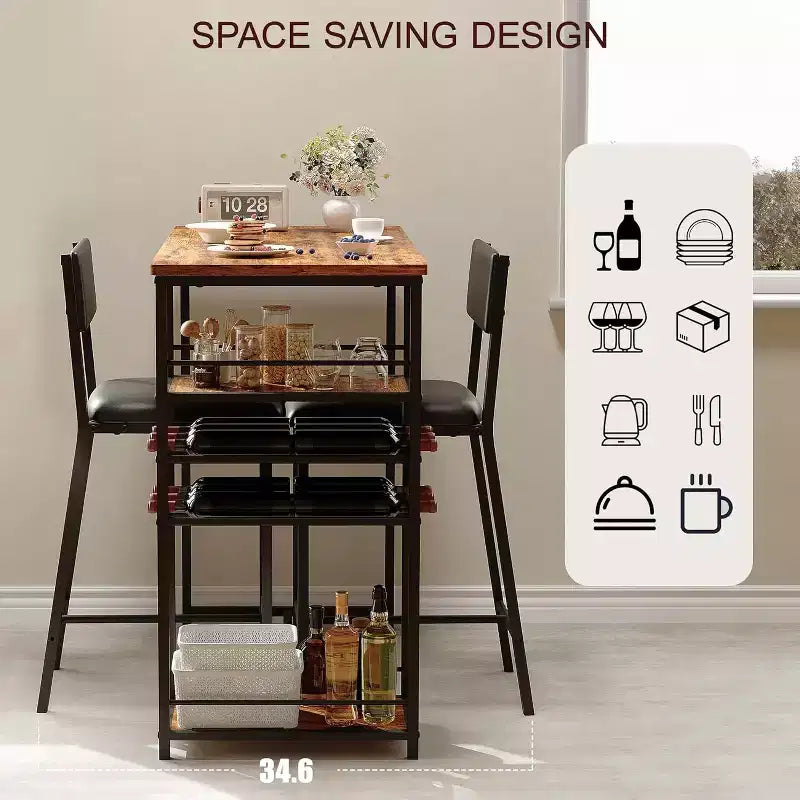 Ensemble table de salle à manger pour 2 personnes, table hauteur comptoir avec 2 chaises rembourrées et étagères de rangement, ensemble table de bistrot et chaises avec cadre en métal, pour petits espaces