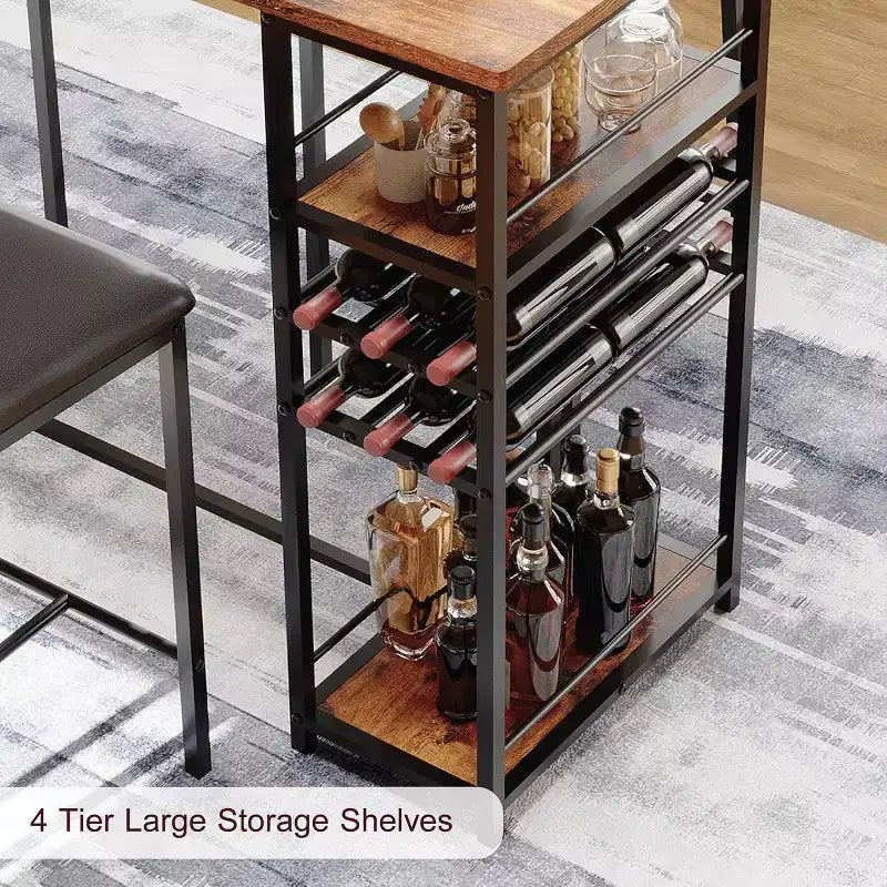Ensemble table de salle à manger pour 2 personnes, table hauteur comptoir avec 2 chaises rembourrées et étagères de rangement, ensemble table de bistrot et chaises avec cadre en métal, pour petits espaces