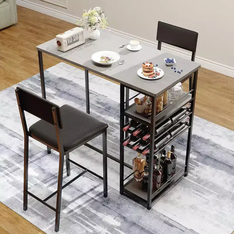 Ensemble table de salle à manger pour 2 personnes, table hauteur comptoir avec 2 chaises rembourrées et étagères de rangement, ensemble table de bistrot et chaises avec cadre en métal, pour petits espaces