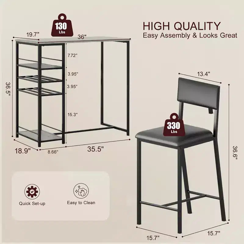 Ensemble table de salle à manger pour 2 personnes, table hauteur comptoir avec 2 chaises rembourrées et étagères de rangement, ensemble table de bistrot et chaises avec cadre en métal, pour petits espaces