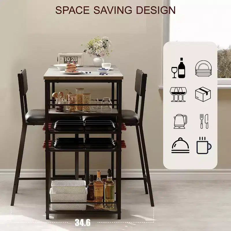 Ensemble table de salle à manger pour 2 personnes, table hauteur comptoir avec 2 chaises rembourrées et étagères de rangement, ensemble table de bistrot et chaises avec cadre en métal, pour petits espaces