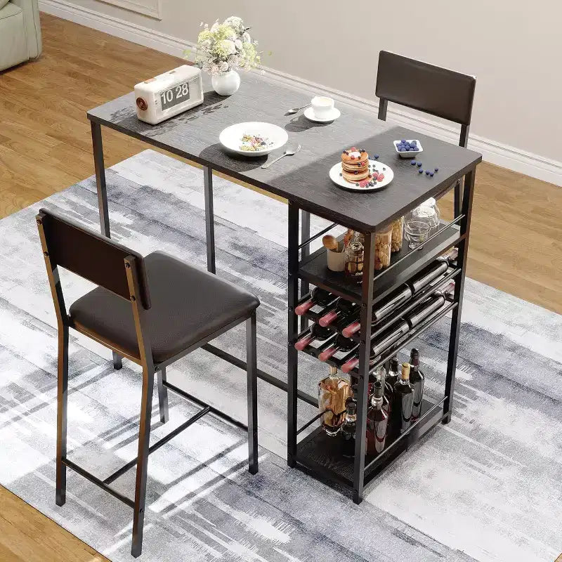 Ensemble table de salle à manger pour 2 personnes, table hauteur comptoir avec 2 chaises rembourrées et étagères de rangement, ensemble table de bistrot et chaises avec cadre en métal, pour petits espaces