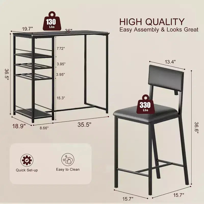 Ensemble table de salle à manger pour 2 personnes, table hauteur comptoir avec 2 chaises rembourrées et étagères de rangement, ensemble table de bistrot et chaises avec cadre en métal, pour petits espaces