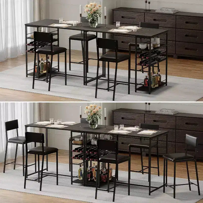 Ensemble table de salle à manger pour 2 personnes, table hauteur comptoir avec 2 chaises rembourrées et étagères de rangement, ensemble table de bistrot et chaises avec cadre en métal, pour petits espaces