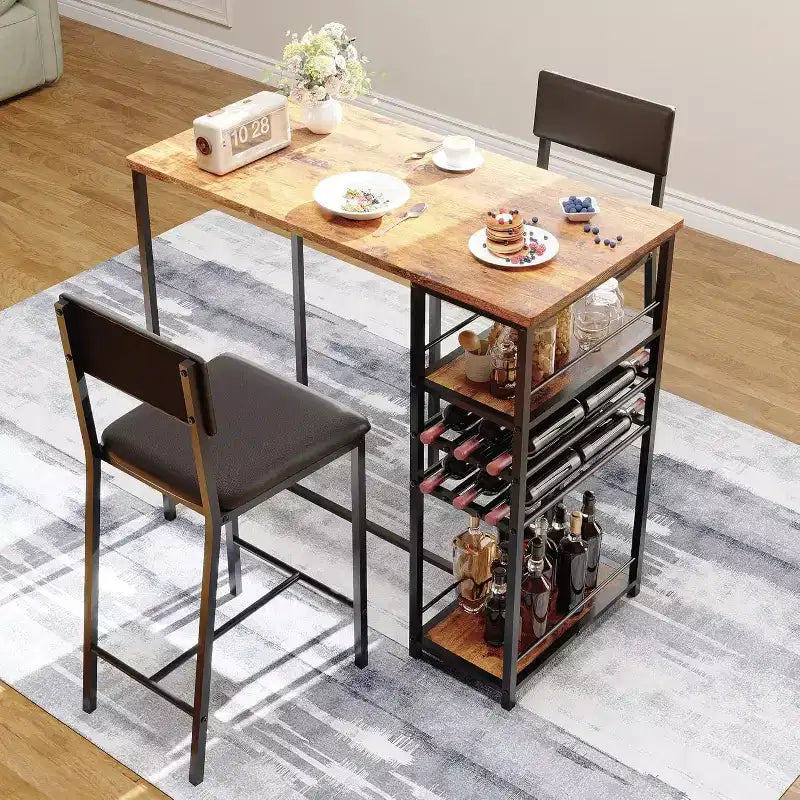 Ensemble table de salle à manger pour 2 personnes, table hauteur comptoir avec 2 chaises rembourrées et étagères de rangement, ensemble table de bistrot et chaises avec cadre en métal, pour petits espaces