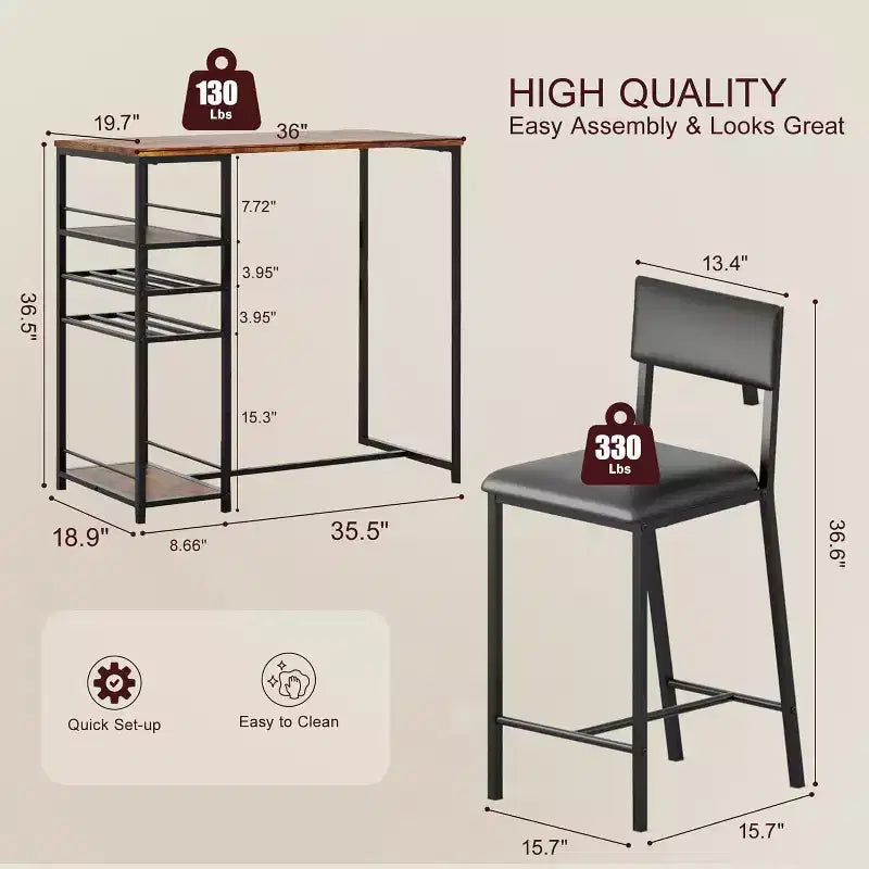Ensemble table de salle à manger pour 2 personnes, table hauteur comptoir avec 2 chaises rembourrées et étagères de rangement, ensemble table de bistrot et chaises avec cadre en métal, pour petits espaces