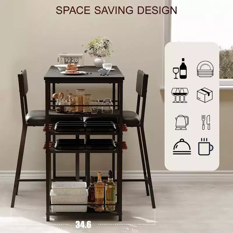 Dining Table Set for 2,Counter Height Table with 2 Upholstered Chairs & Storage Shelves,Bistro Table and Chair Set with Metal Frame,for Small Space