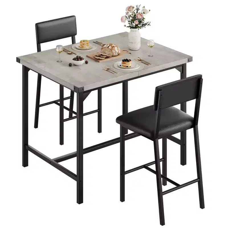 Ensemble de table à manger pour 2 personnes avec table de hauteur comptoir et 2 tabourets rembourrés, ensemble de table de cuisine 3 pièces avec protection d'angle, pour cuisine, appartement, pub