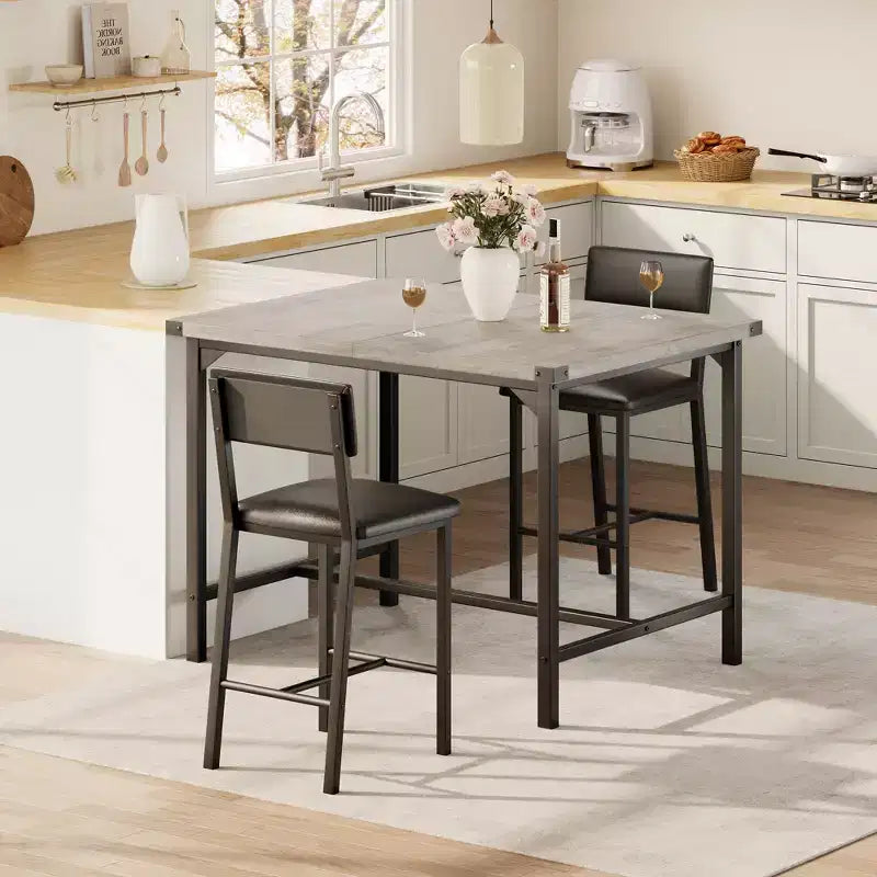 Ensemble de table à manger pour 2 personnes avec table de hauteur comptoir et 2 tabourets rembourrés, ensemble de table de cuisine 3 pièces avec protection d'angle, pour cuisine, appartement, pub