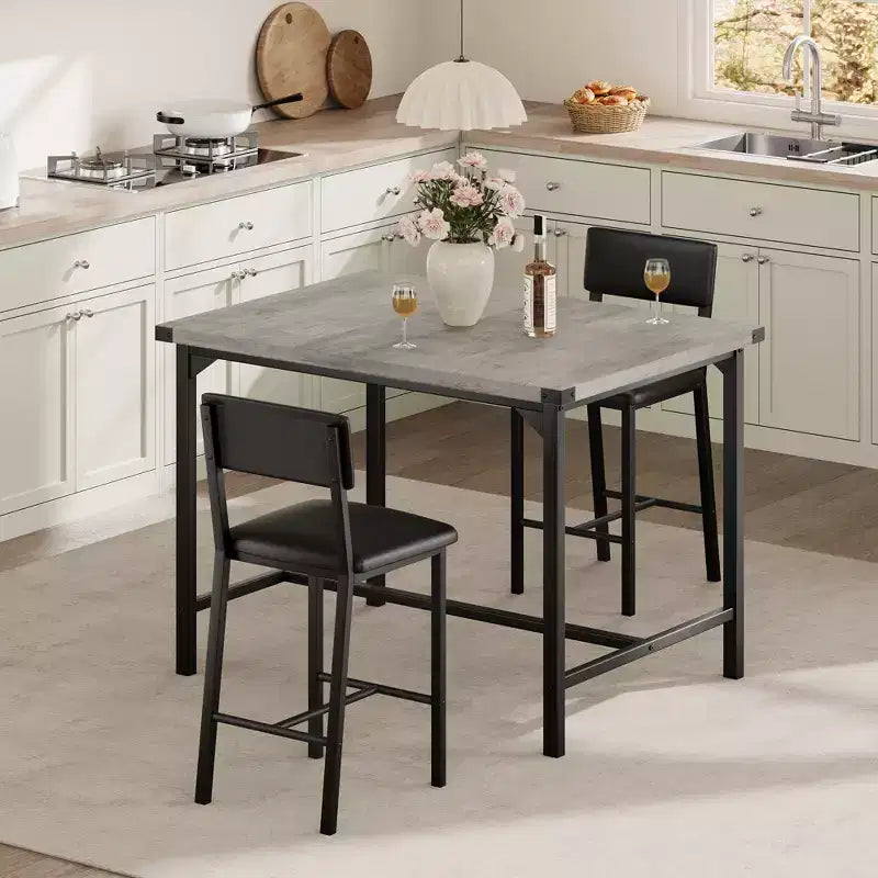 Ensemble de table à manger pour 2 personnes avec table de hauteur comptoir et 2 tabourets rembourrés, ensemble de table de cuisine 3 pièces avec protection d'angle, pour cuisine, appartement, pub