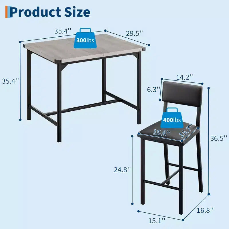 Ensemble de table à manger pour 2 personnes avec table de hauteur comptoir et 2 tabourets rembourrés, ensemble de table de cuisine 3 pièces avec protection d'angle, pour cuisine, appartement, pub
