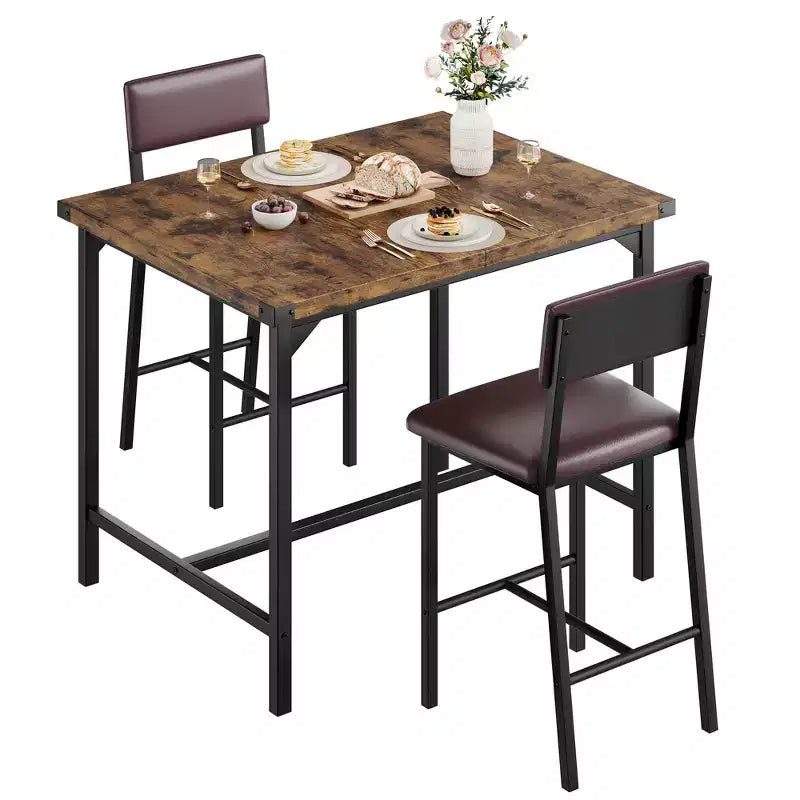 Ensemble de table à manger pour 2 personnes avec table de hauteur comptoir et 2 tabourets rembourrés, ensemble de table de cuisine 3 pièces avec protection d'angle, pour cuisine, appartement, pub