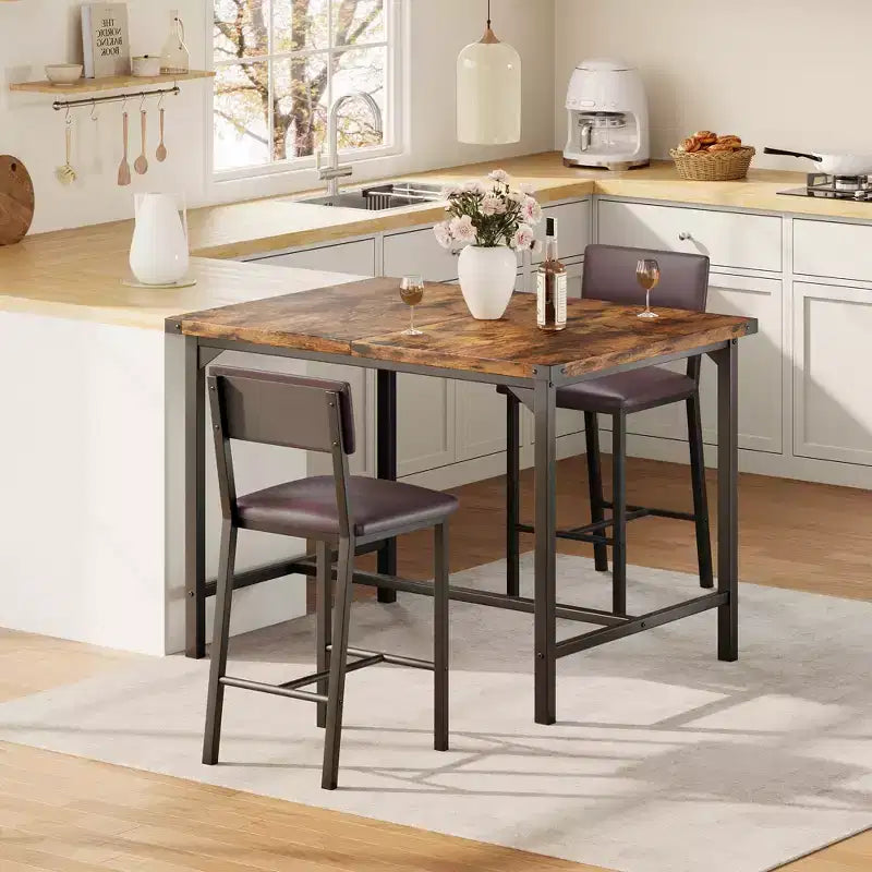 Ensemble de table à manger pour 2 personnes avec table de hauteur comptoir et 2 tabourets rembourrés, ensemble de table de cuisine 3 pièces avec protection d'angle, pour cuisine, appartement, pub
