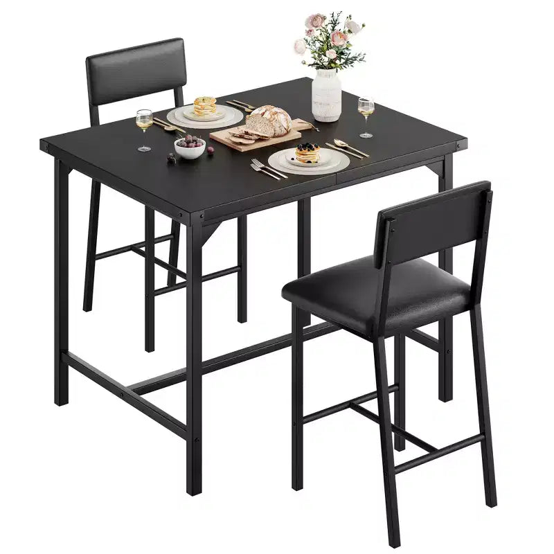 Ensemble de table à manger pour 2 personnes avec table de hauteur comptoir et 2 tabourets rembourrés, ensemble de table de cuisine 3 pièces avec protection d'angle, pour cuisine, appartement, pub