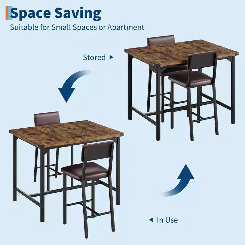 Ensemble de table à manger pour 2 personnes avec table de hauteur comptoir et 2 tabourets rembourrés, ensemble de table de cuisine 3 pièces avec protection d'angle, pour cuisine, appartement, pub